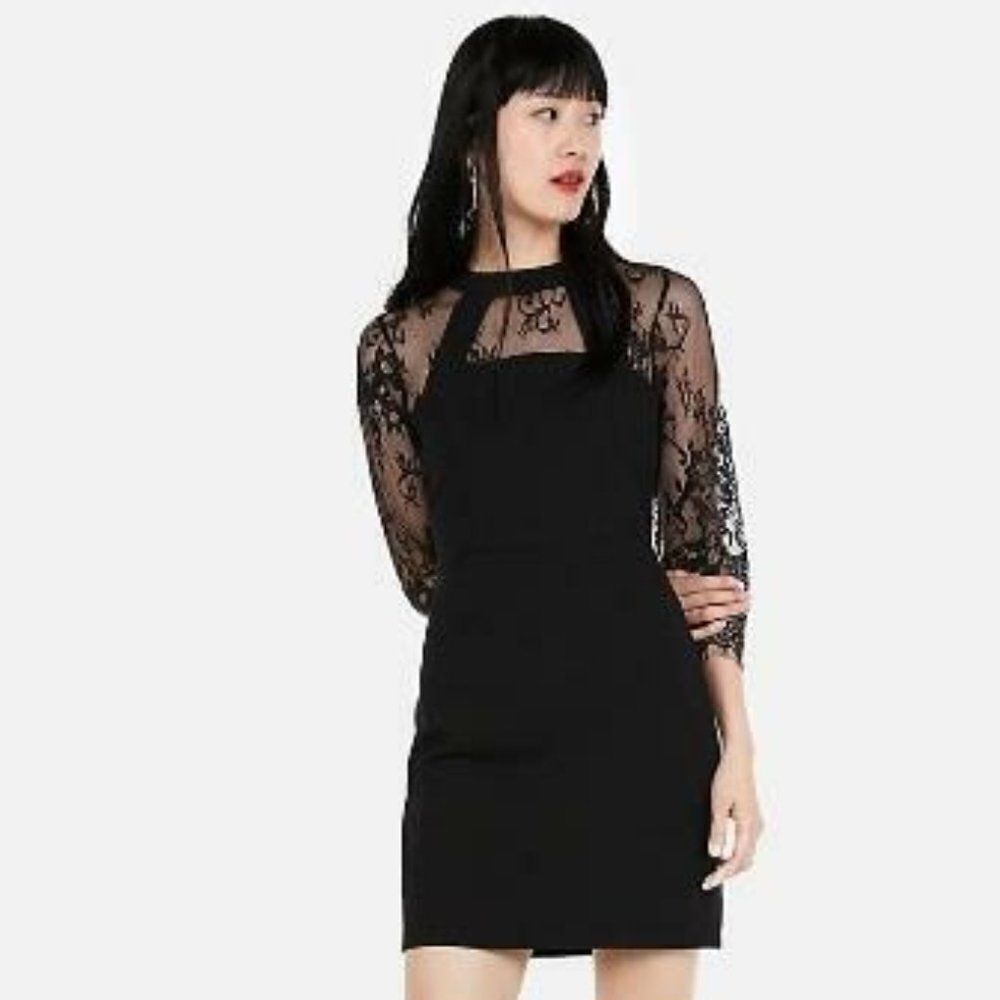 Express Women's Black Lace 3/4 Sleeve Cocktail Mini Dress Size Small